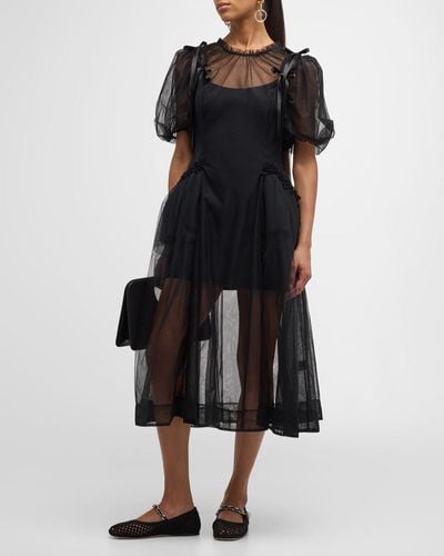 Simone Rocha Puff-Sleeve Bow Ruched Bite-Cutout Tulle Midi Dress - Black