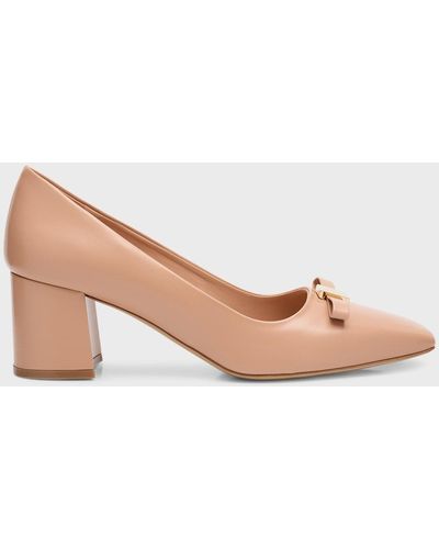 Ferragamo Myra Leather Bow Block-Heel Pumps - Pink