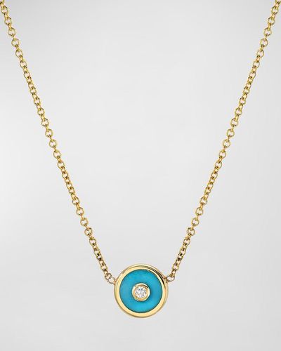 Retrouvai Mini Compass Turquoise Pendant Necklace With Diamond Center - Blue
