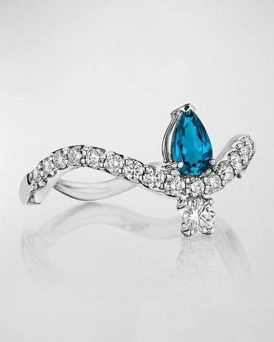 Hueb 18k Mirage White Gold Ring With Vs/gh Diamonds And Blue Topaz
