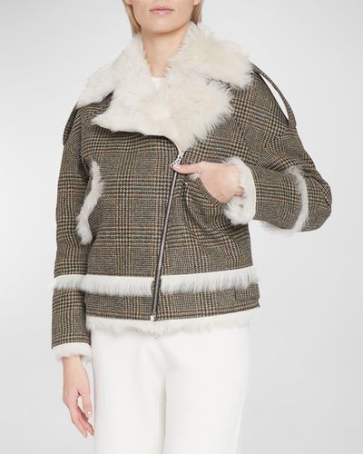 Yves Salomon Check-print Coat W/ Lamb Shearling Trim - Gray