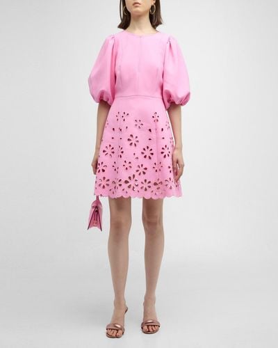 Maison Common Floral Cutout 3/4-Sleeve Cotton Mini Dress - Pink