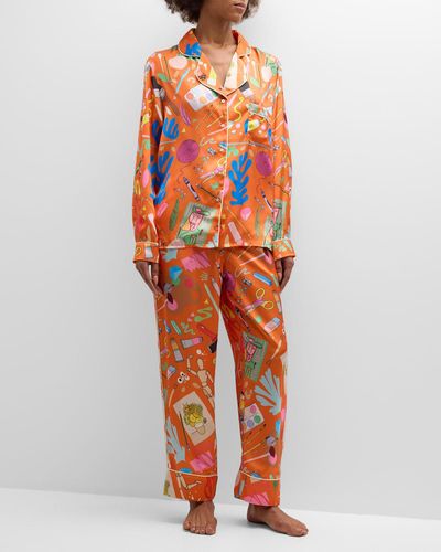 Karen Mabon Printed Cropped Satin Pajama Set - Orange