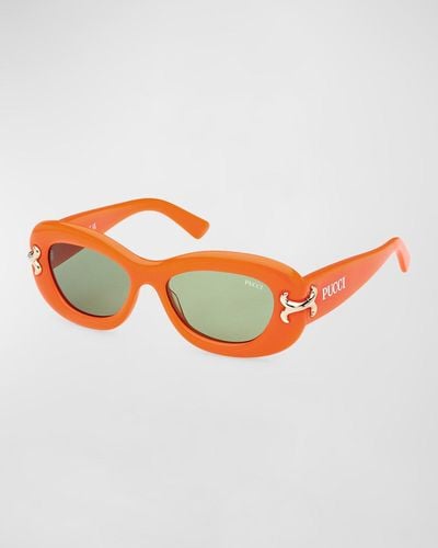 Emilio Pucci Filigree Acetate Round Sunglasses - Orange