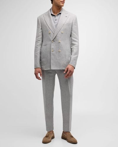 Brunello Cucinelli Linen Houndstooth Double-Breasted Suit - Gray