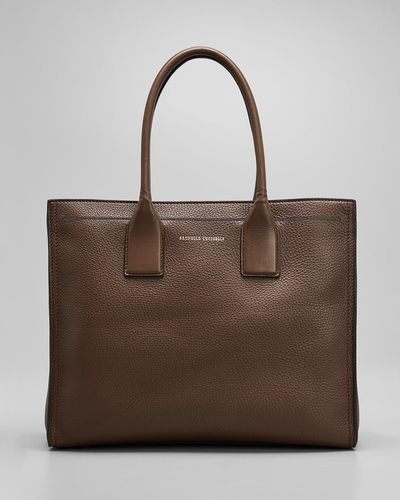 Brunello Cucinelli Pebbled Leather Large Shopper Tote Bag - Brown