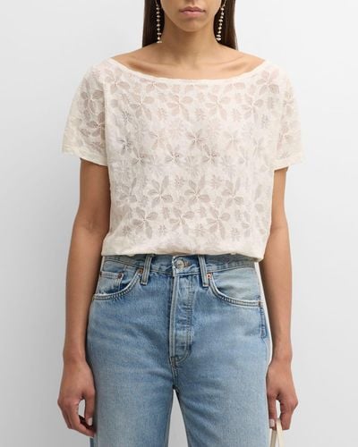 120% Lino Scoop-neck Floral Lace Tee - Blue