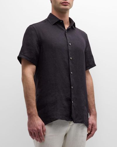 Zegna Linen Short-Sleeve Shirt - Black