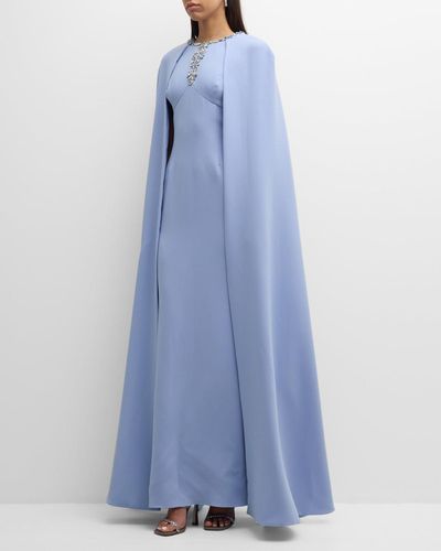 Teri Jon Jewel-Embellished Cape-Sleeve Crepe Gown - Blue