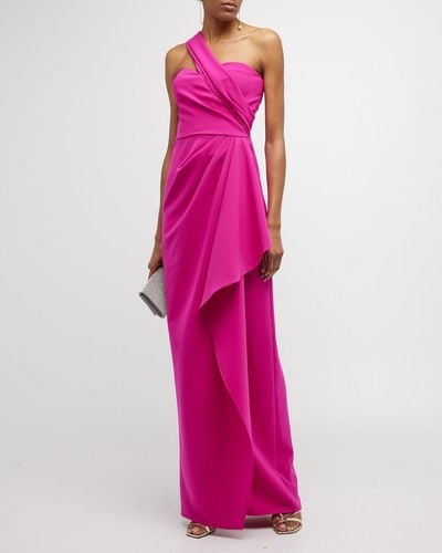 Teri Jon One-Shoulder Draped Stretch Crepe Gown - Pink