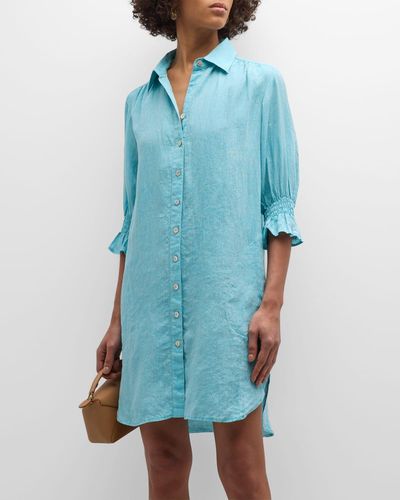 Finley Miller Button-Down Linen Mini Shift Dress - Blue
