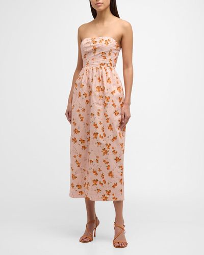 LoveShackFancy Luxie Strapless Asymmetric Draped Midi Dress - Multicolor