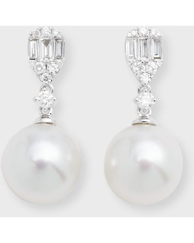 Belpearl 18k White Gold 10.5mm South Sea Pearl Earrings With Diamond Rounds And Baguettes
