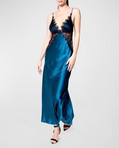 Christine Lingerie Erte Lace-Trim Silk Maxi Nightgown - Blue