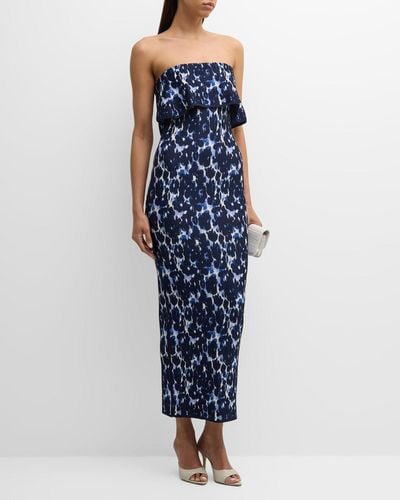 Lela Rose Alexandra Floral Jacquard Foldover Strapless Midi Dress - Blue