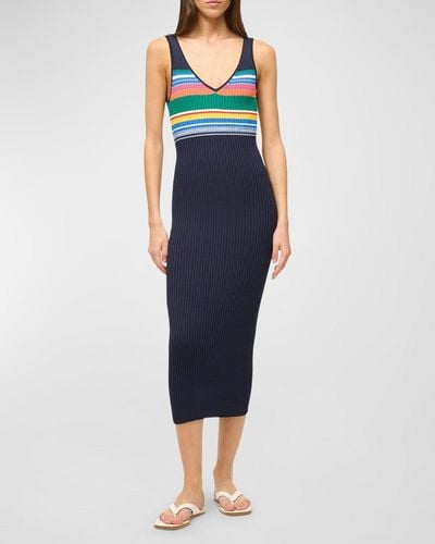STAUD Dana Sleeveless Knit Multi-Stripe Midi Dress - Blue