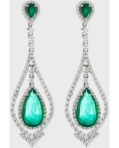 Andreoli 18k White Gold Emerald & Diamond Pear Earrings - Green