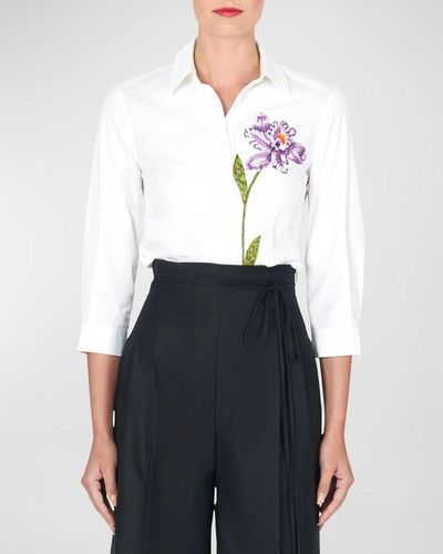 Carolina Herrera Floral Embroidered Three Quarter-Sleeve Blouse - White