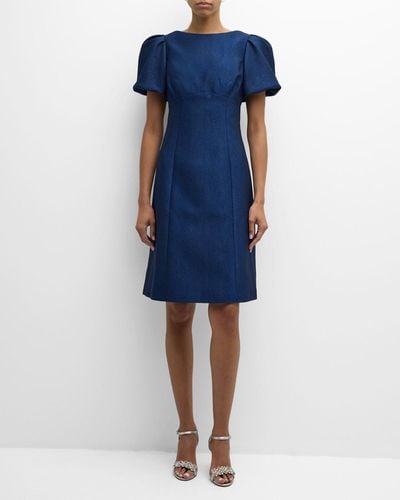 Teri Jon Puff-Sleeve Pebble Jacquard Midi Dress - Blue