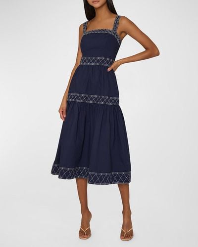 MILLY Annette Embroidered Cotton Poplin Midi Dress - Blue