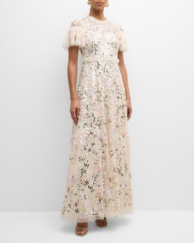 Needle & Thread Dream Garland Floral Sequin Tulle Gown - Natural