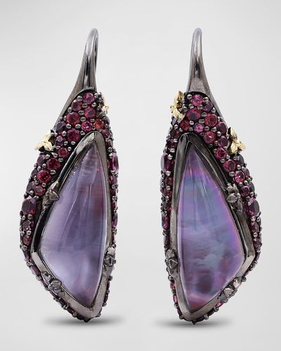Stephen Dweck Quartz And Mother-of-pearl Earrings In Blackened Sterling Silver With 18k Gold Flowers - Purple