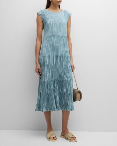 Eileen Fisher Tiered A-Line Crinkled Silk Midi Dress - Blue