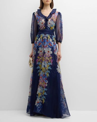 Maison Common Floral-Print 3/4-Sleeve Ruffle Silk Organza Gown - Blue