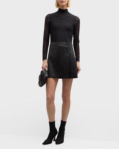 Alice + Olivia Chara Long-Sleeve Vegan Leather Pleated Mini Dress - Black