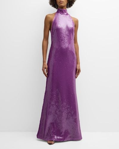 LAPOINTE Sequined Halter Backless Gown - Purple