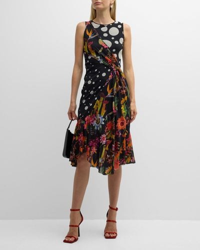 Fuzzi Draped Polka-Dot & Floral-Print Midi Dress - Multicolor