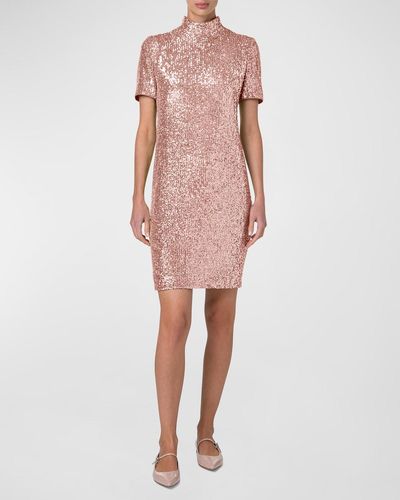 Akris Sequined Mock-Neck Short-Sleeve Mini Dress - Pink