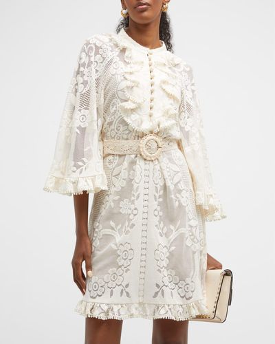 Zimmermann Tiggy Belted Lace Ruffle Mini Dress - White