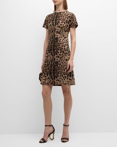 Dolce & Gabbana Leopard-Print Short-Sleeve Empire-Waist Dress - Natural