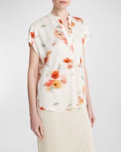 Vince Poppy Blur Band-Collar Popover Silk Blouse - Natural