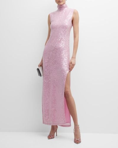 LAPOINTE Sequin Turtleneck Side-Slit Maxi Dress - Pink