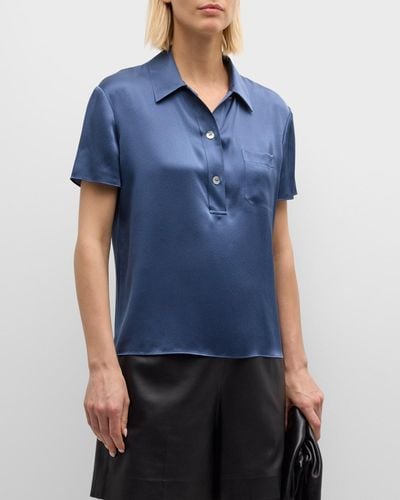 Vince Silk Charmeuse Short-Sleeve Polo Shirt - Blue
