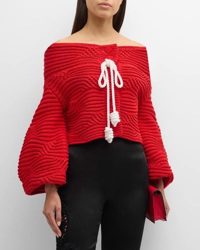 Hellessy Magalie Cable-Knit Off-The-Shoulder Cardigan - Red