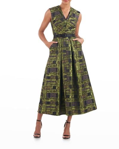 Kay Unger Milan Plaid Jacquard Sleeveless Dress W/ Belt - Green