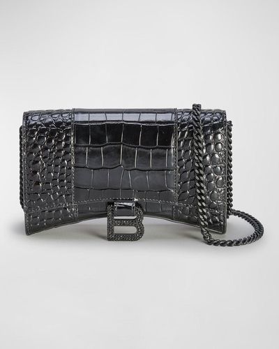 Balenciaga Hourglass Croc-embossed Wallet On Chain With Strass B - Black