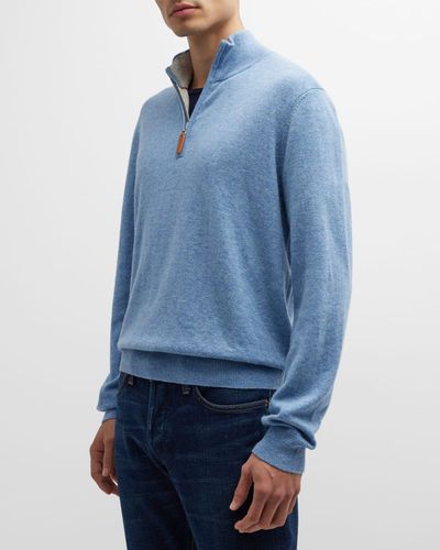 Neiman Marcus Wool-cashmere 1/4-zip Sweater - Blue