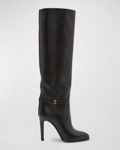 Saint Laurent Diane Leather Buckle Knee Boots - Black