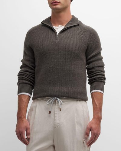 Neiman Marcus Cashmere Waffle Knit Quarter-zip Sweater - Gray