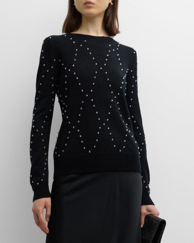 Neiman Marcus Cashmere Crewneck Sweater With Beaded Detailing - Black