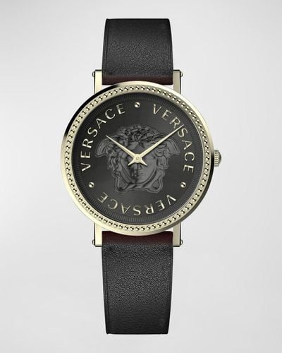 Versace 37Mm V-Dollar Watch With Leather Strap - Gray