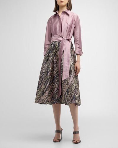 Teri Jon Belted Taffeta & Metallic Jacquard Midi Shirtdress - Multicolor