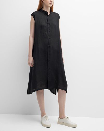 Eskandar A-Line Collarless Sleeveless Linen Shirtdress - Black