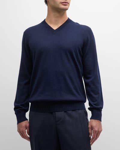 FIORONI CASHMERE Duvet Cashmere High V-Neck Sweater - Blue