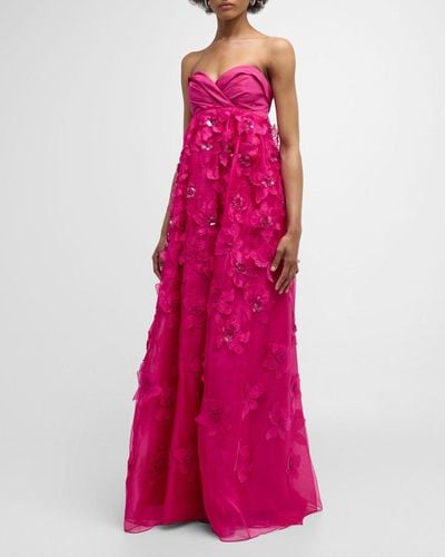 Carolina Herrera Embellished Floral Applique Gown With Wrap Front - Pink