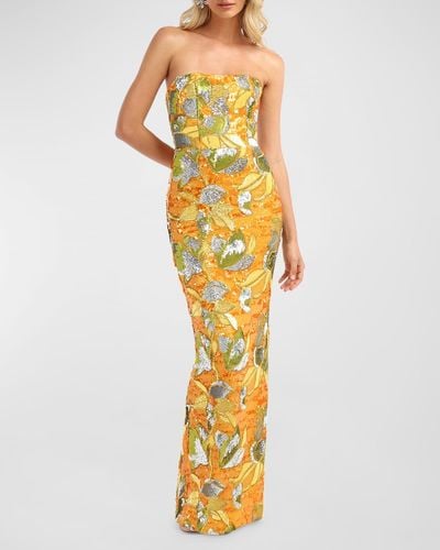 HELSI Serena Strapless Floral Sequin Column Gown - Metallic